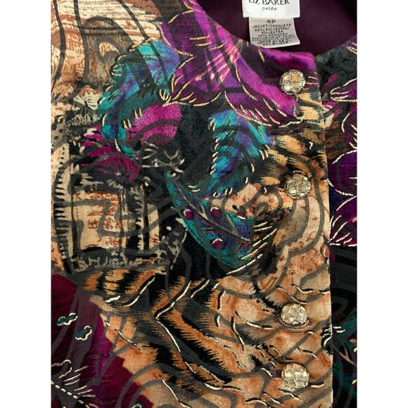 Vintage Liz Baker Jacket Womens Petite 4P multi colored velvet button gold foil - Picture 5 of 6